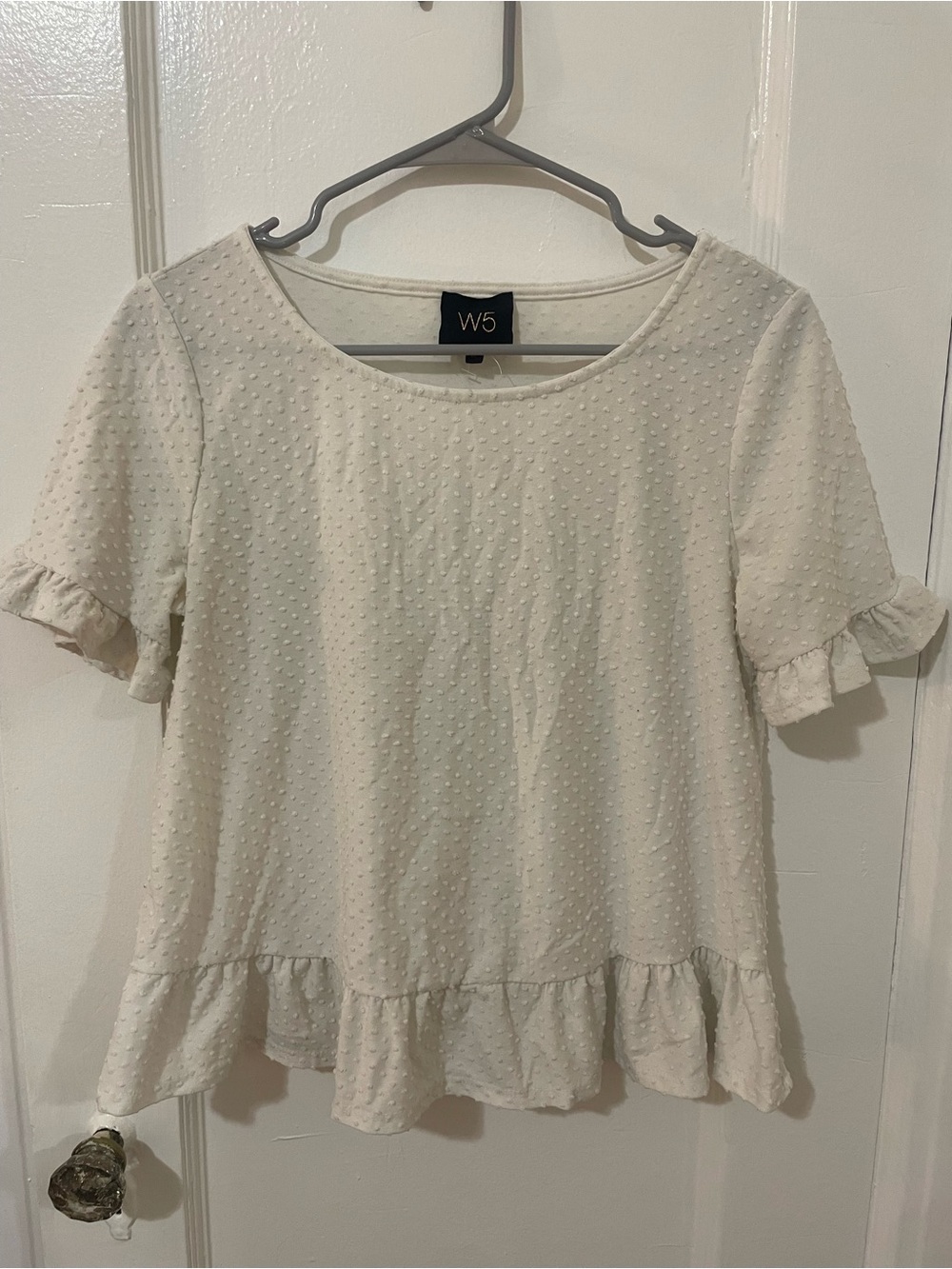 W5 Cream Swiss Dot Ruffle Hem Short Sleeve Blouse